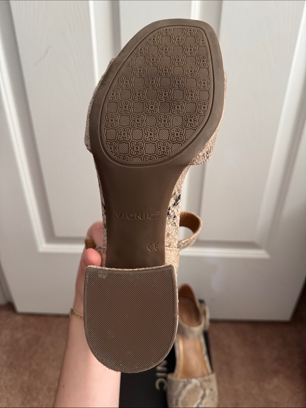 Vionic Taupe Snake-Print Block Heel Sandals with Ankle Strap - Picture 4 of 5